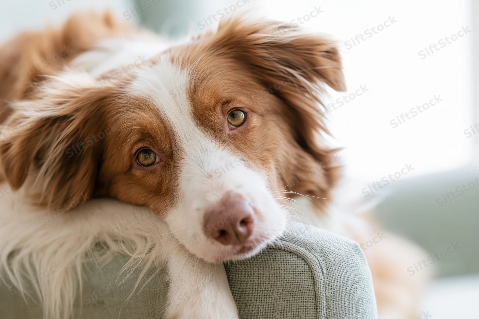 Border collie resting chin on couch armrest indoors