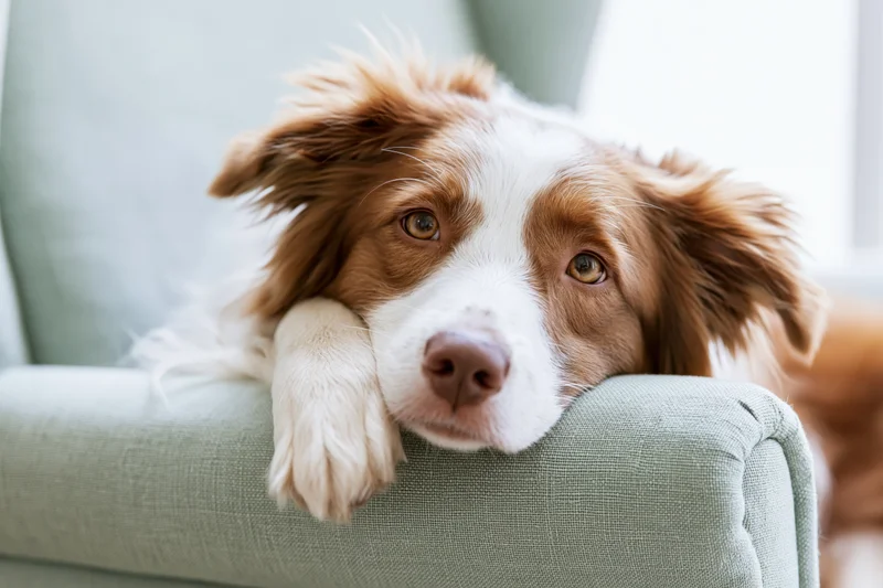 Border collie resting chin on couch armrest with paw draped over edge