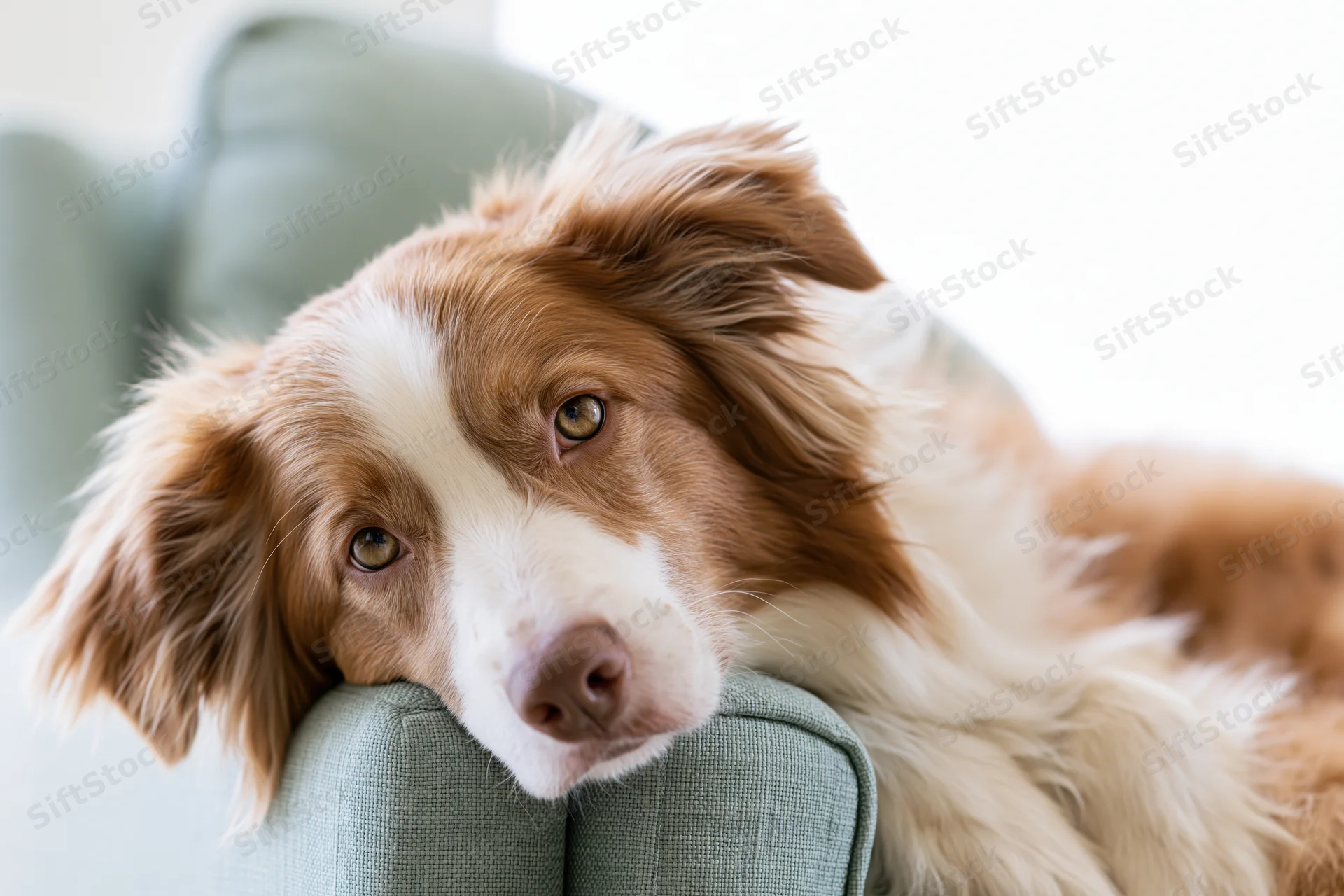 Border collie resting chin on couch armrest in living room