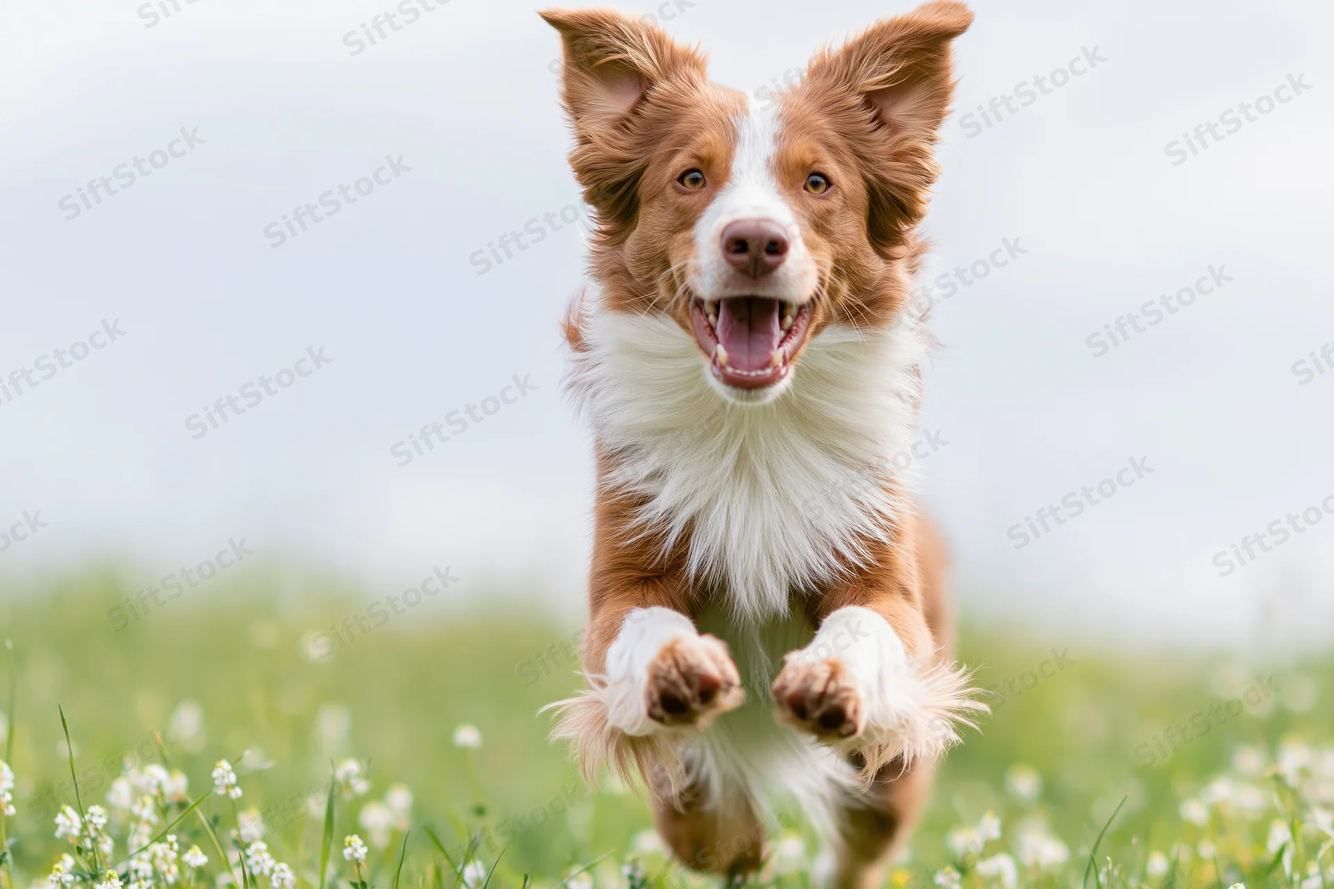 Red and white border collie running toward camera through a grassy field with white flowers