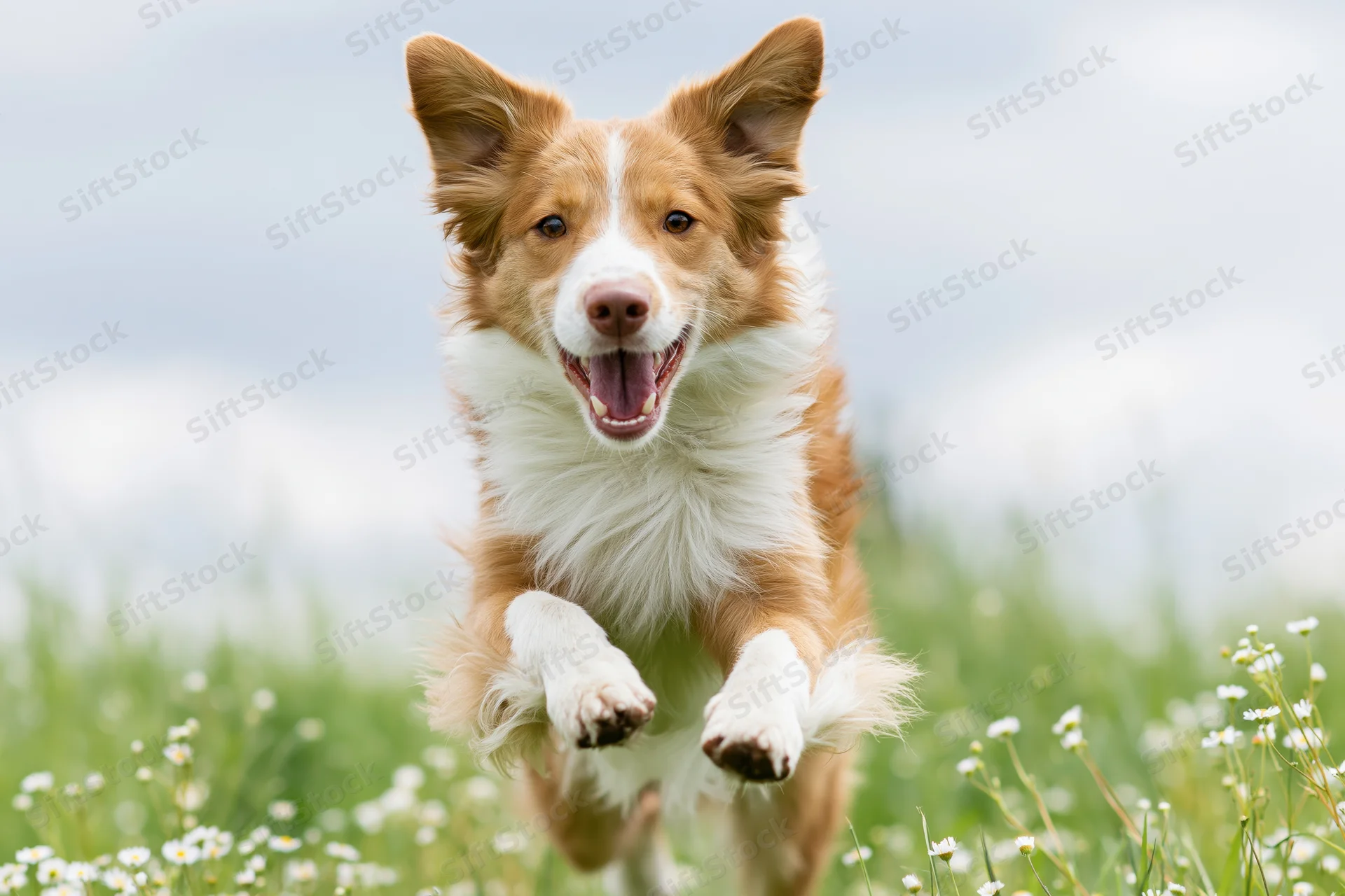Red and white border collie jumping toward camera in a grassy field with white flowers