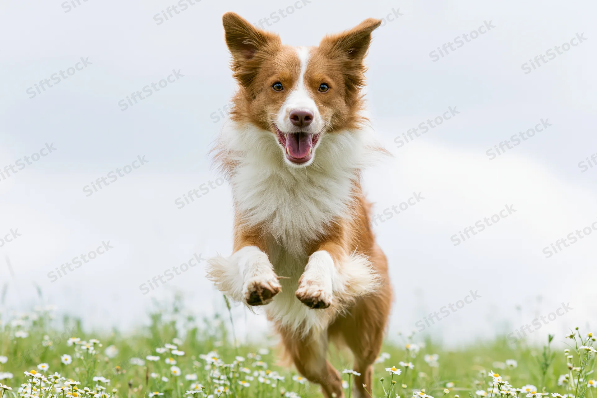 Border collie jumping toward camera in a grassy field with white flowers