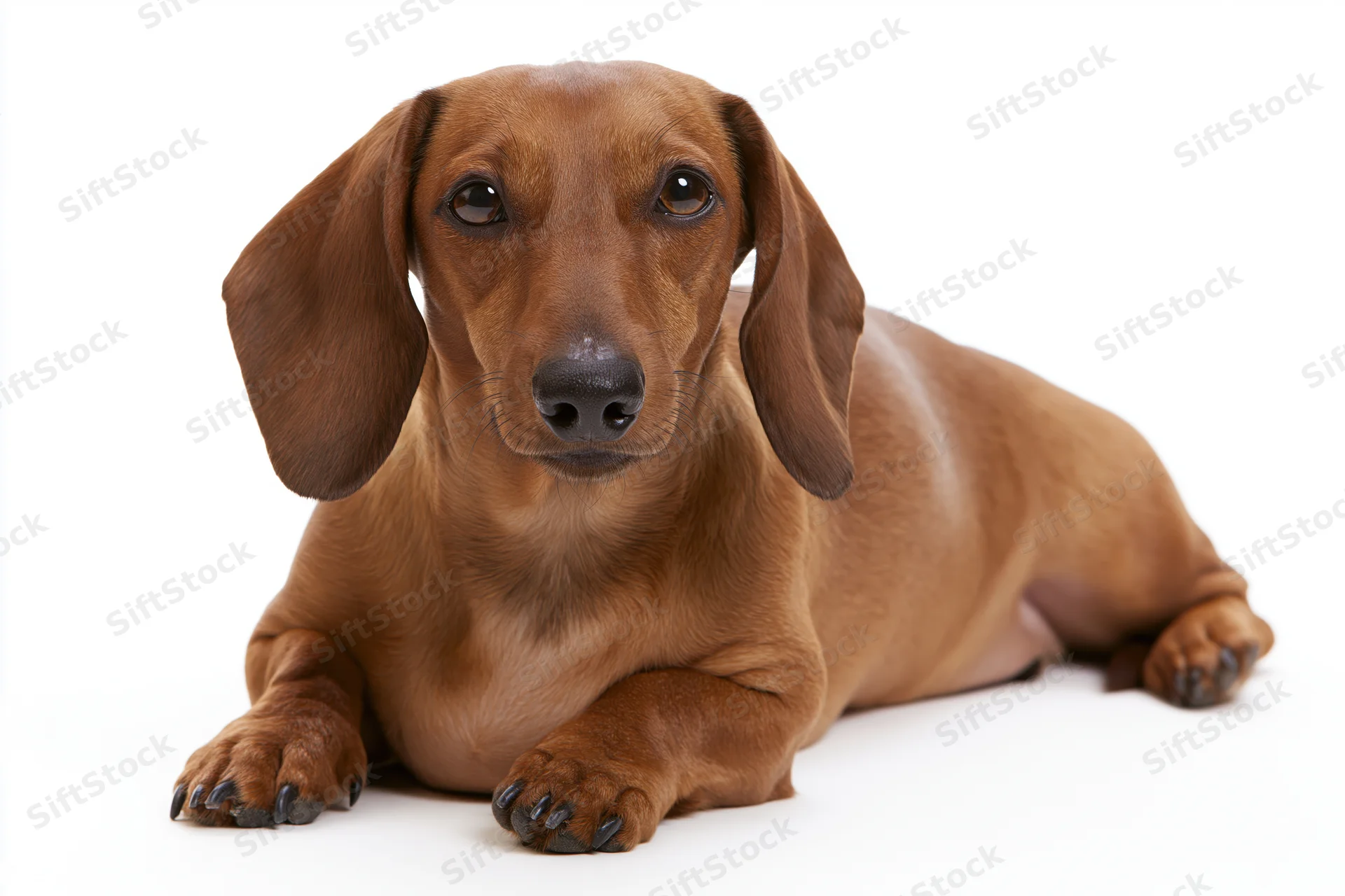 Red smooth-haired dachshund lying down with front paws extended on white background