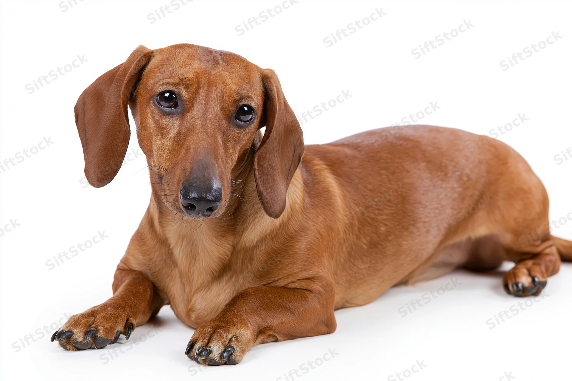 Red smooth-haired dachshund lying down with front paws extended on white background
