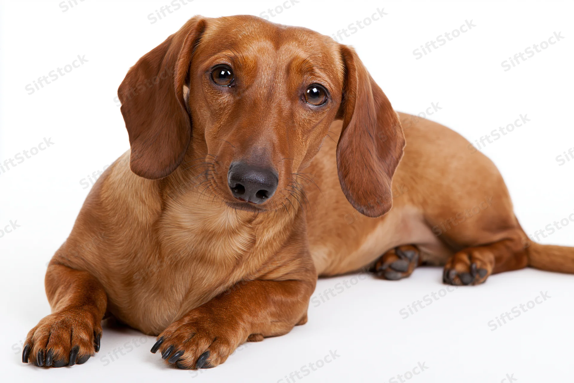Red smooth-haired dachshund lying down with front paws extended on white background