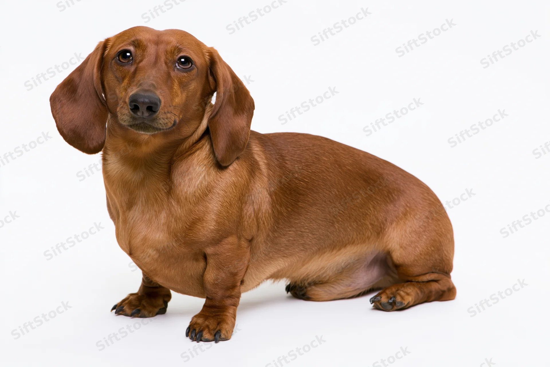 Red smooth-haired dachshund sitting alert on plain white background