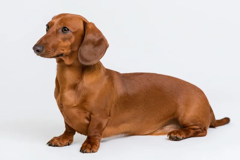 Red smooth-haired dachshund sitting alert in profile on white background