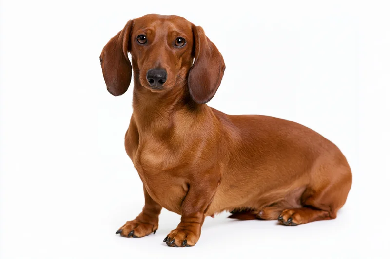Red smooth-haired dachshund sitting alert on plain white background