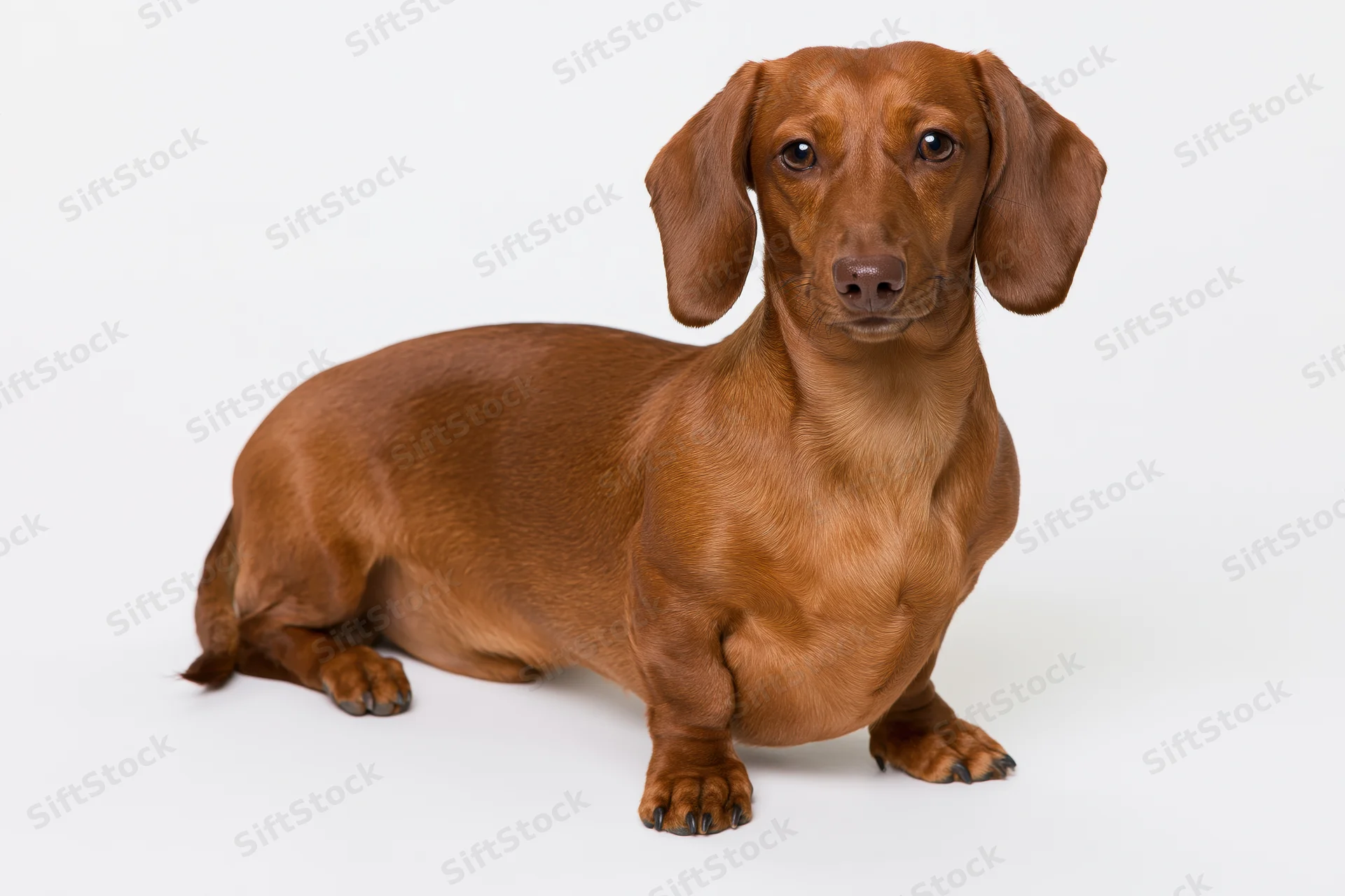 Red smooth-haired dachshund sitting alert on plain white background