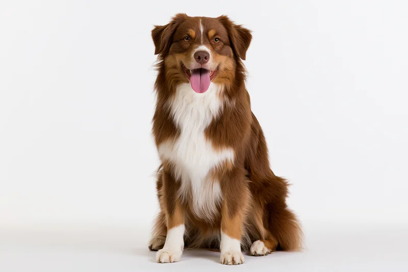 Red tricolor australian shepherd sitting upright facing camera in studio with white background