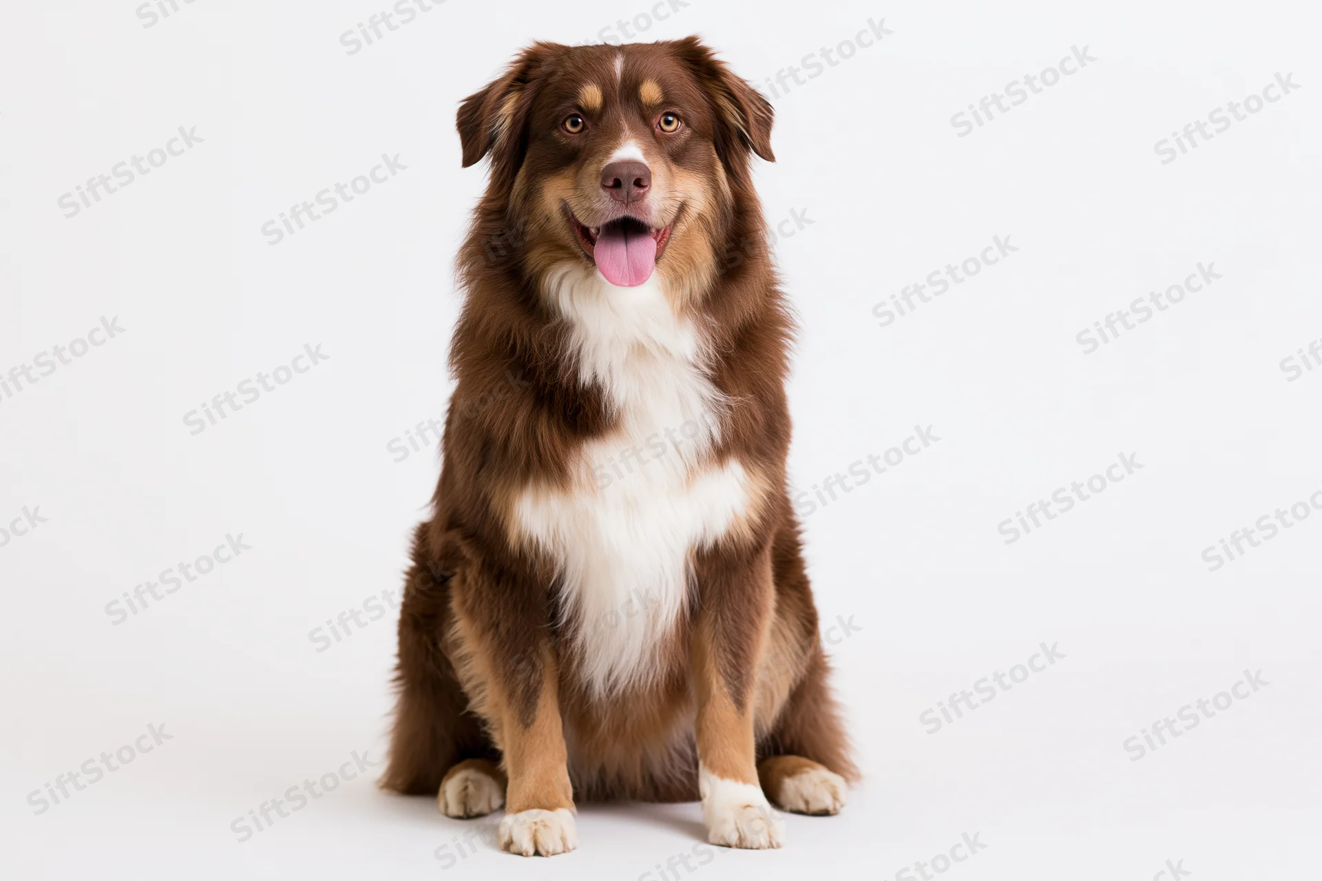 Red tricolor australian shepherd sitting upright facing camera in studio portrait