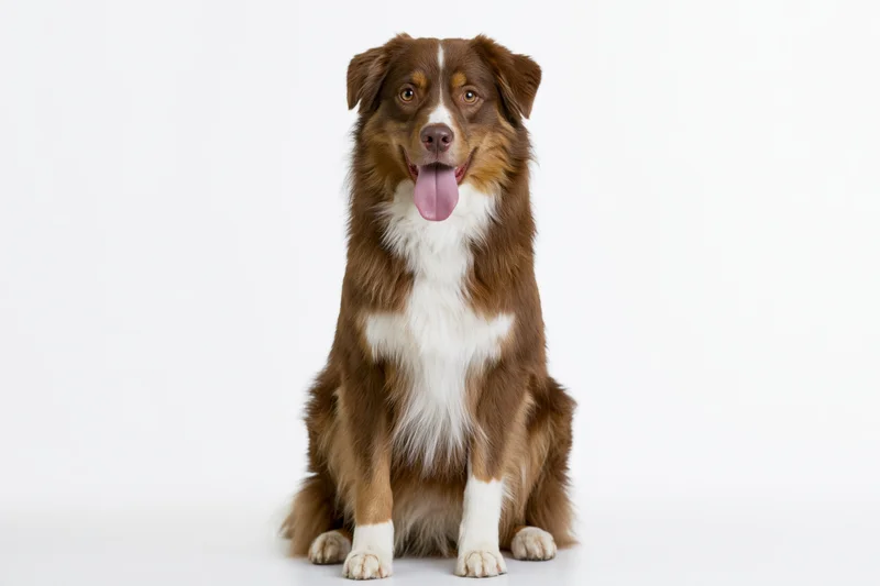 Red tricolor australian shepherd sitting upright facing camera in studio with white background
