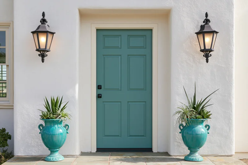 Teal six-panel front door flanked by matching ceramic vases with succulents and black lanterns on a stucco house exterior