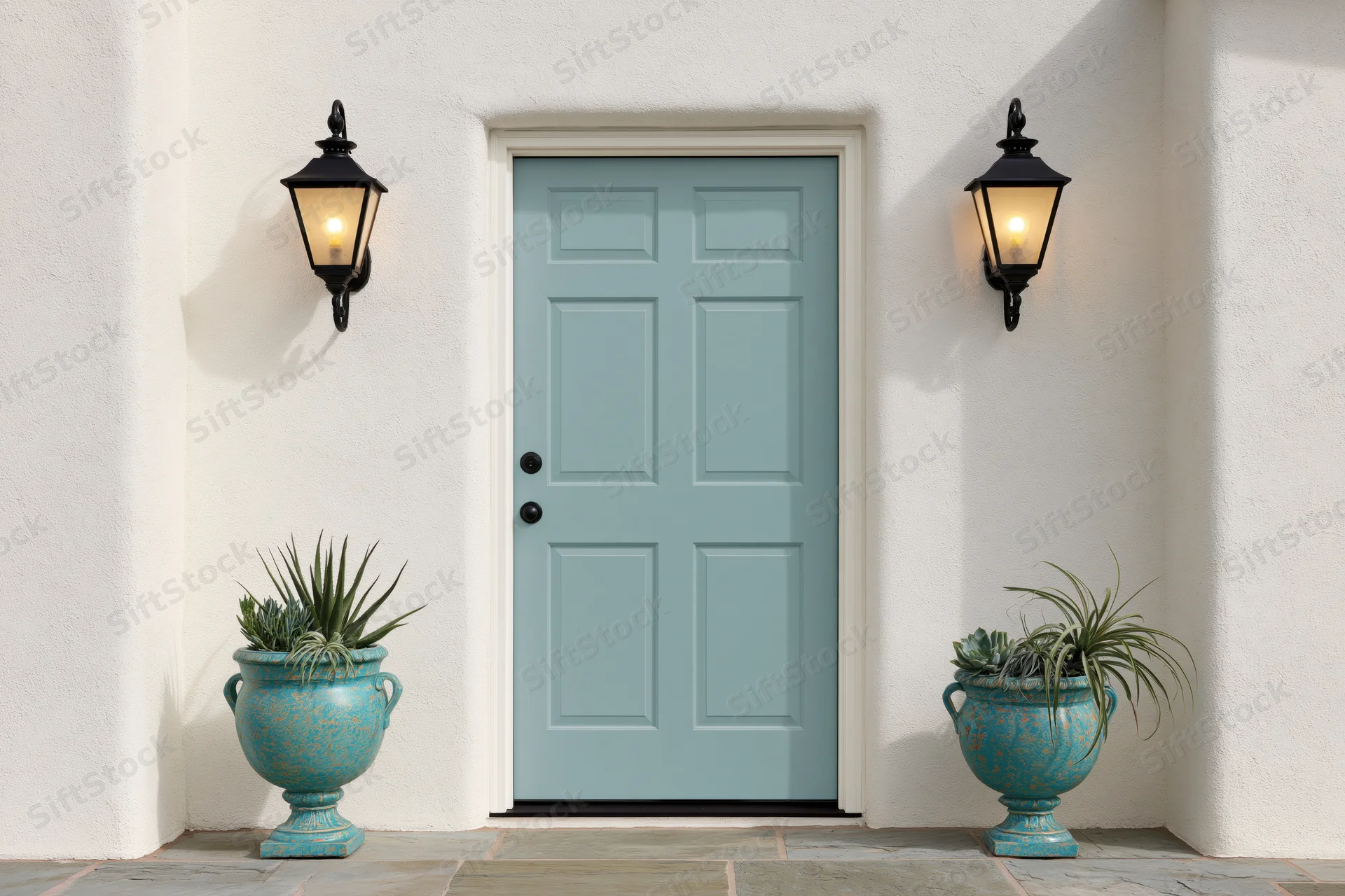 Teal six-panel wooden front door flanked by black lanterns and turquoise planters on a white stucco wall