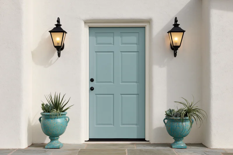 Teal six-panel wooden front door flanked by black lanterns and turquoise planters on a white stucco wall