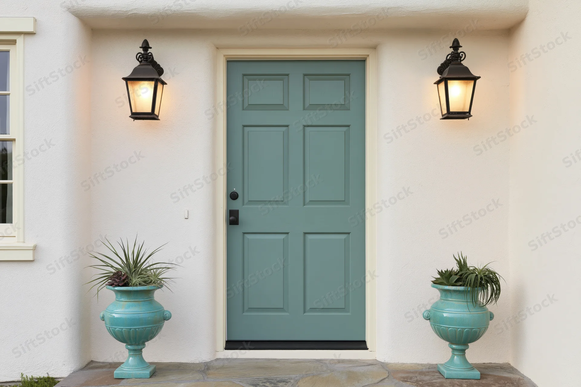 Teal-green six-panel wood door at residential entryway flanked by black lanterns and turquoise planters on stone porch