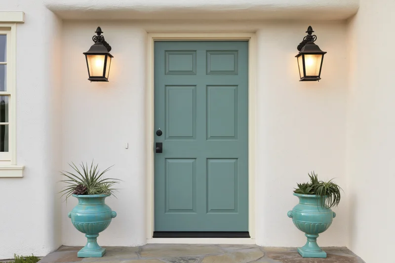 Teal-green six-panel wood door at residential entryway flanked by black lanterns and turquoise planters on stone porch