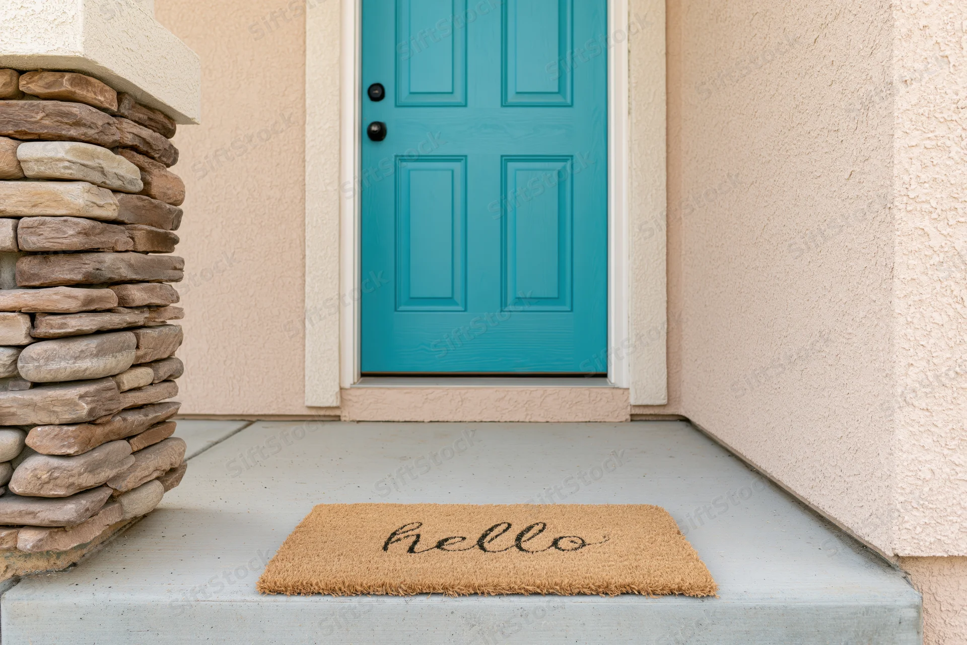Teal six-panel front door with hello doormat on concrete porch beside stacked stone column