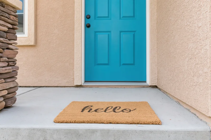 Teal six-panel front door with hello doormat on concrete porch beside stone stack