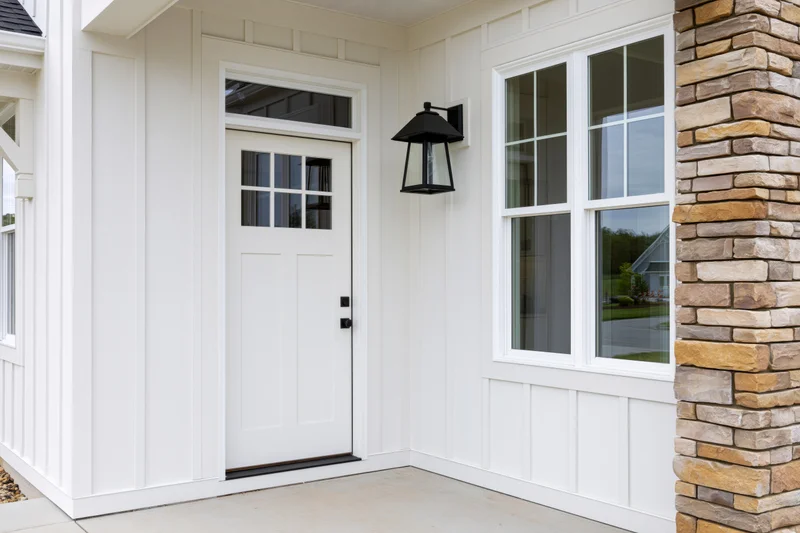 White paneled door on residential home front porch with stone column and black lantern light