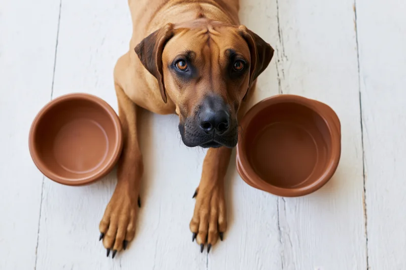 Rhodesianridgeback dog lying on white wooden floor with two ceramic bowls beside its paws