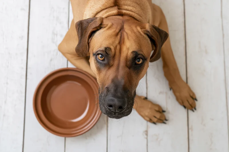 Rhodesianridgeback dog lying on white wooden floor beside empty ceramic bowl looking up