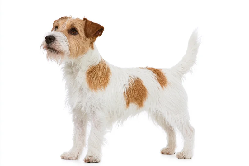 Rough-coated jack russell terrier standing in profile against white background
