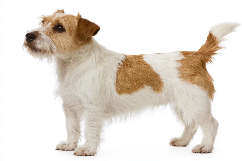 Rough-coated jack russell terrier standing in profile against white background