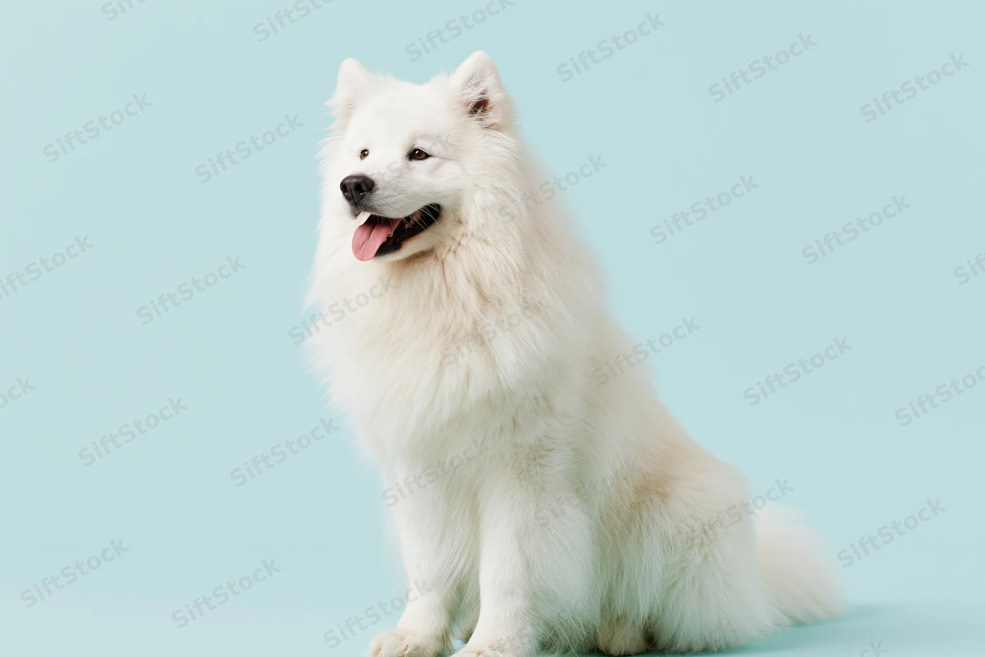 Samoyed dog sitting upright with tongue out against a light blue background