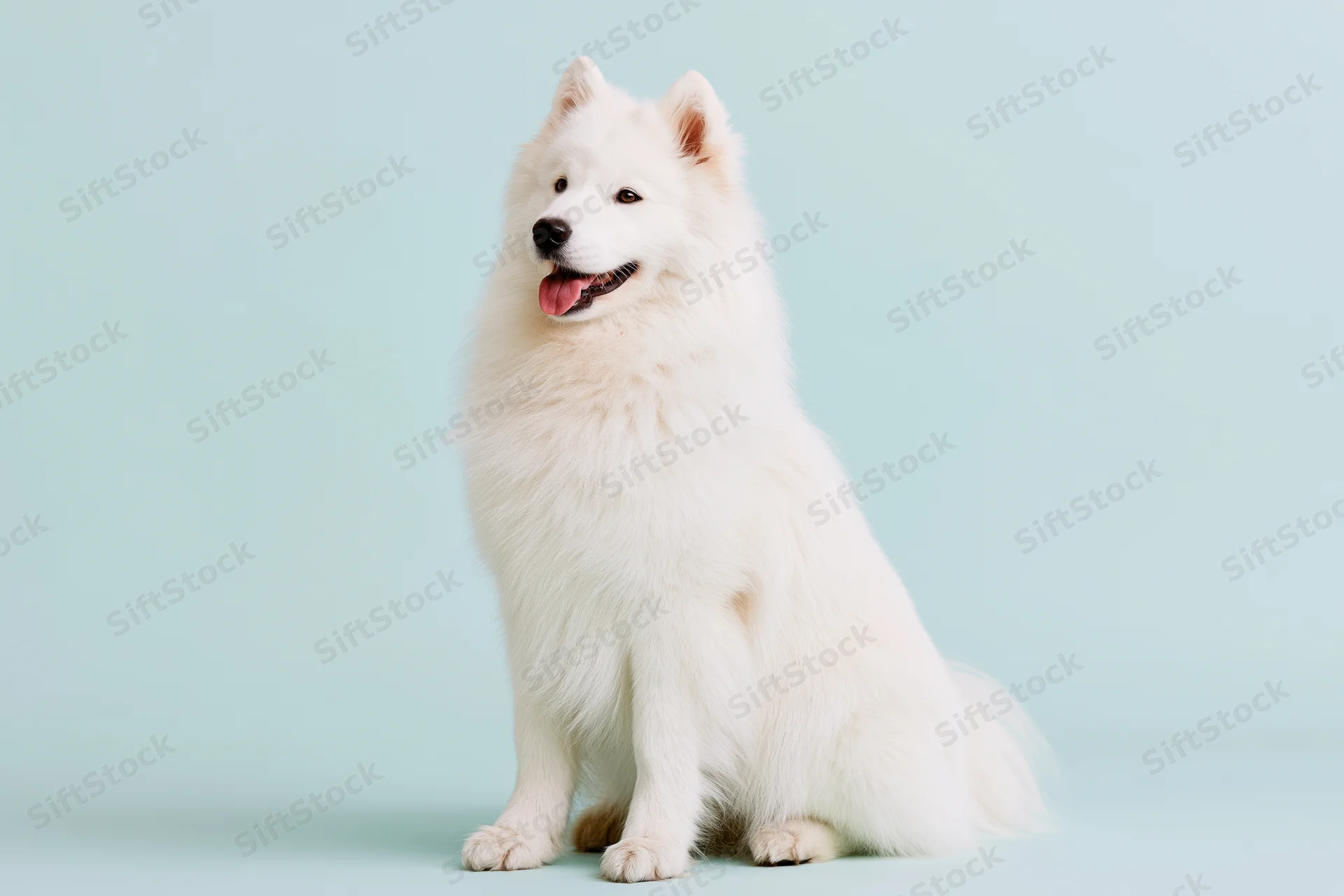 White samoyed dog sitting upright with tongue out against light blue background