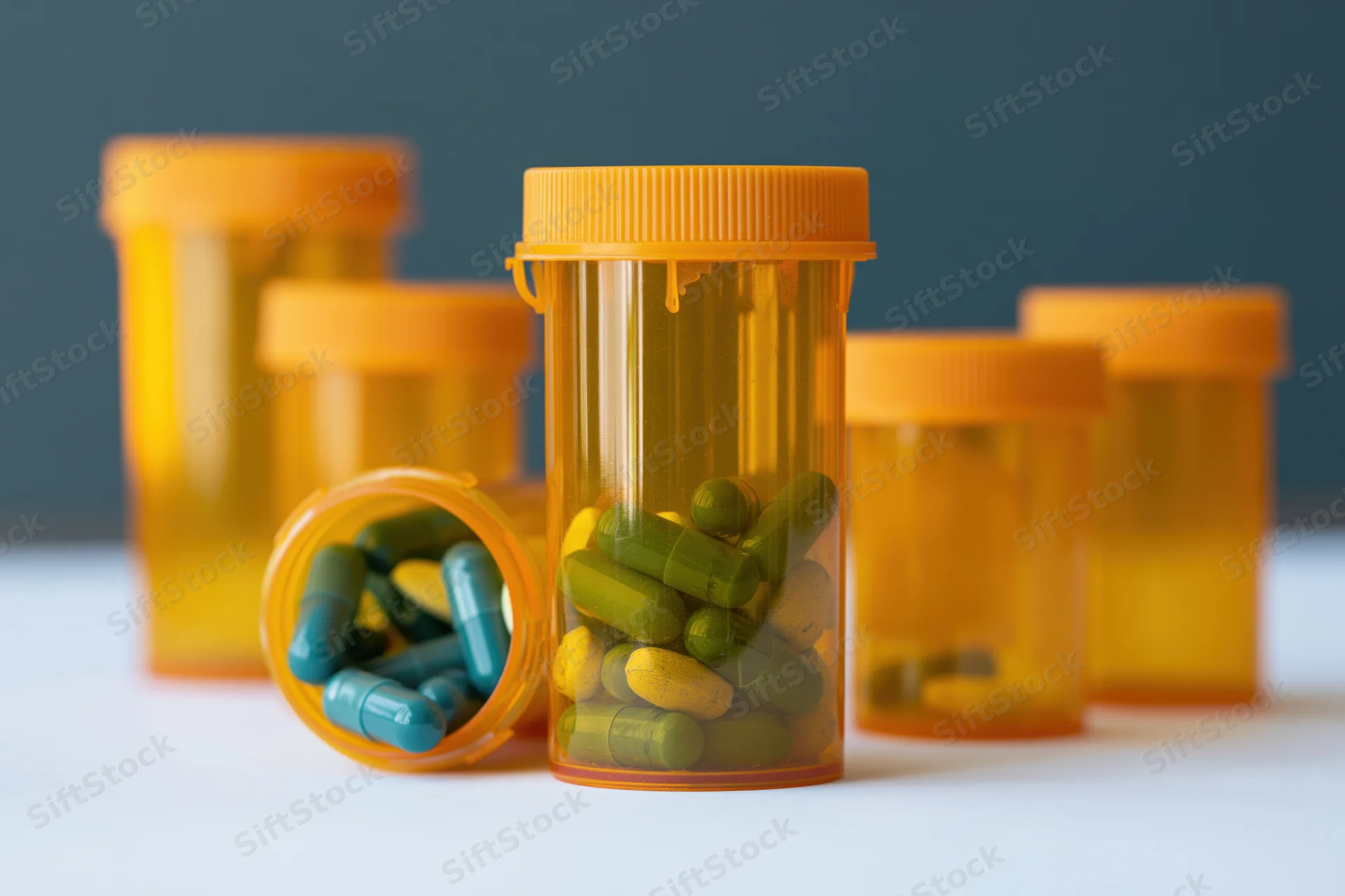 Several orange prescription pill bottles arranged on a white surface with colorful capsules visible inside