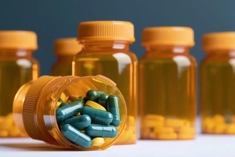 Orange prescription bottles with green and yellow capsules spilled on white surface