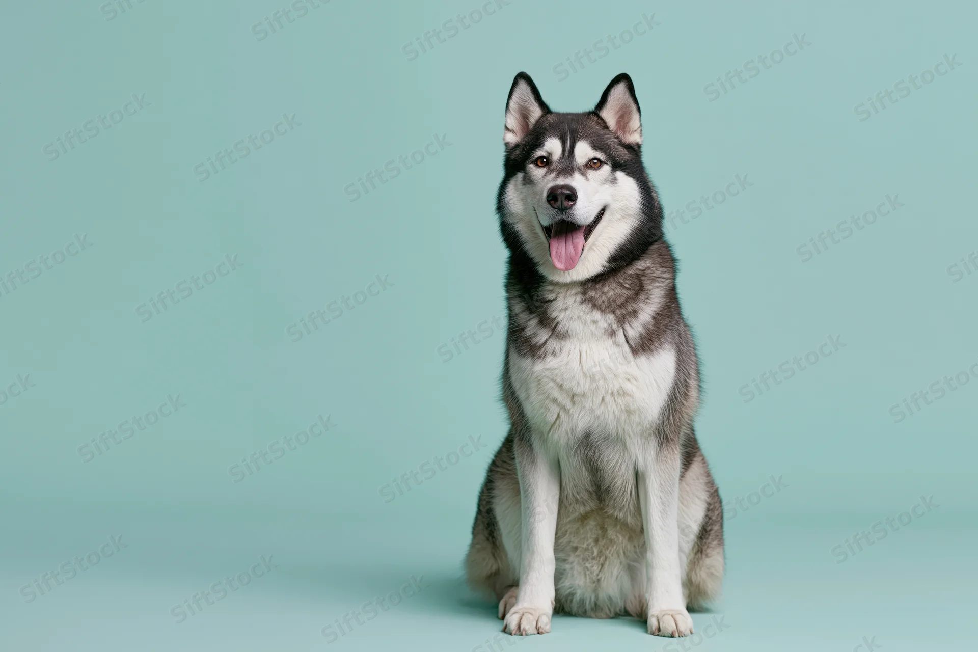 Siberian husky sitting upright facing camera with tongue out on teal background