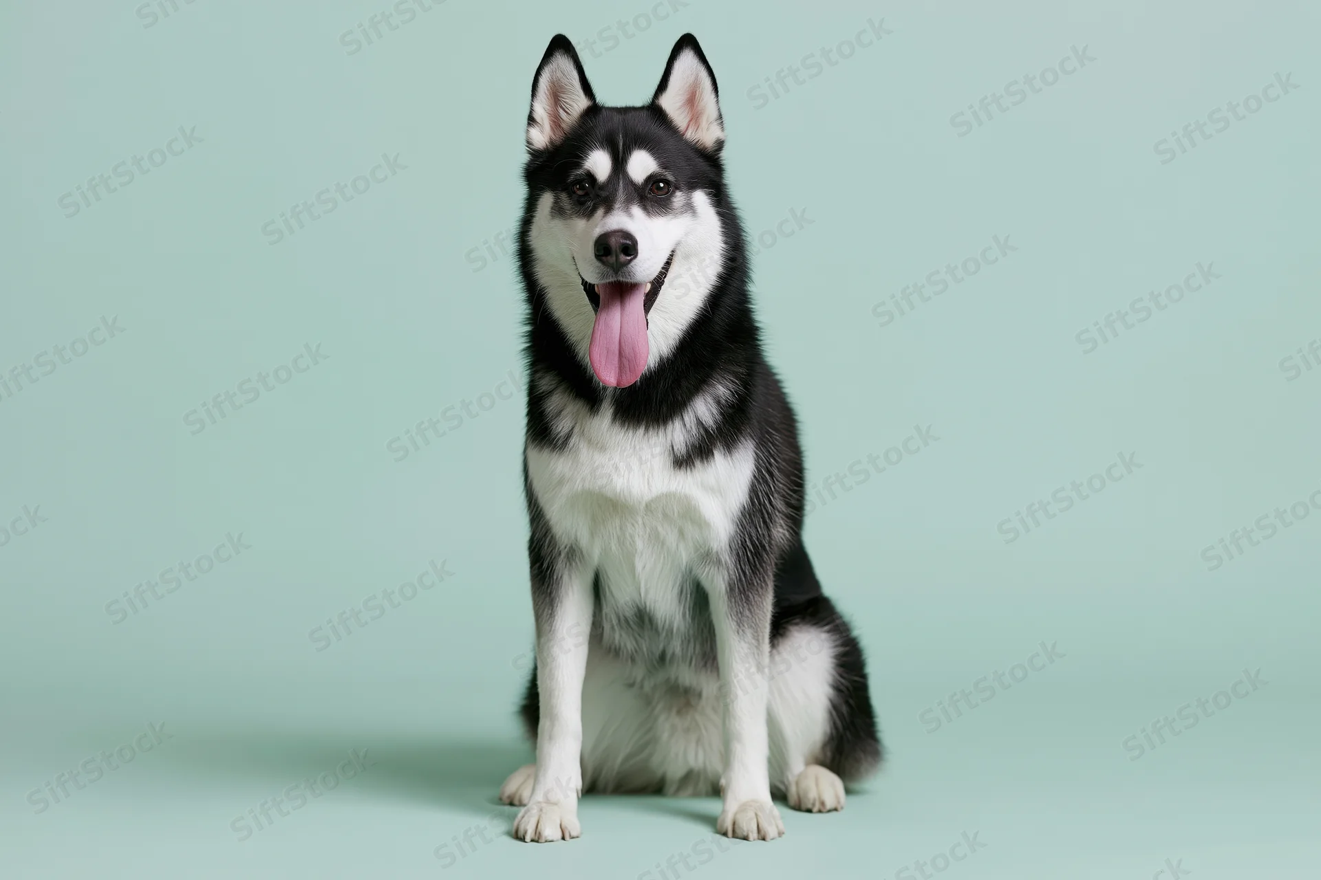 Siberian husky sitting upright facing camera with tongue out in studio setting