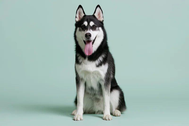 Siberian husky sitting upright facing camera with tongue out in studio setting