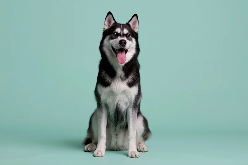 Siberian husky sitting upright facing camera with tongue out on mint background