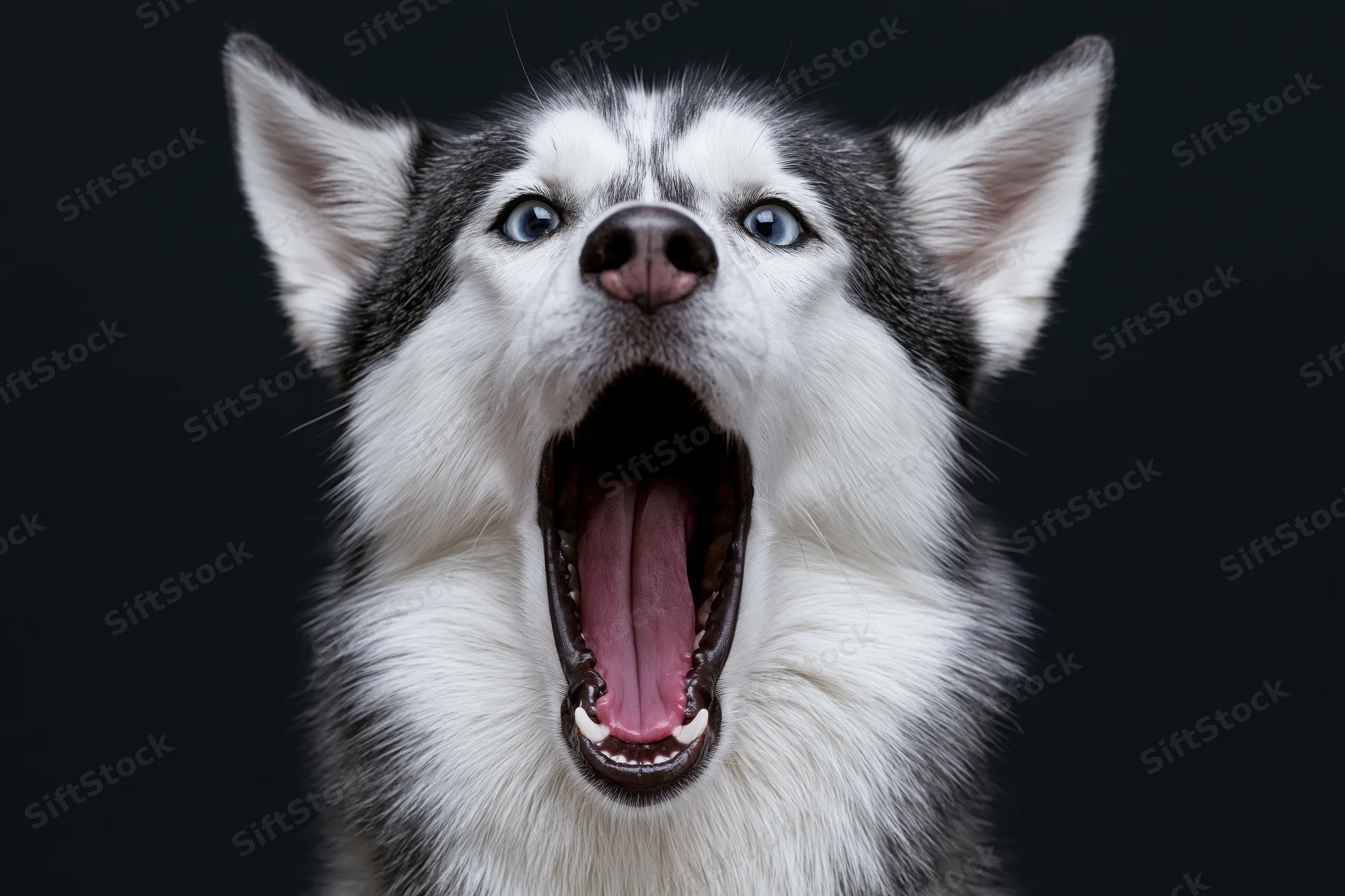 Siberian husky with mouth wide open mid-bark against dark background