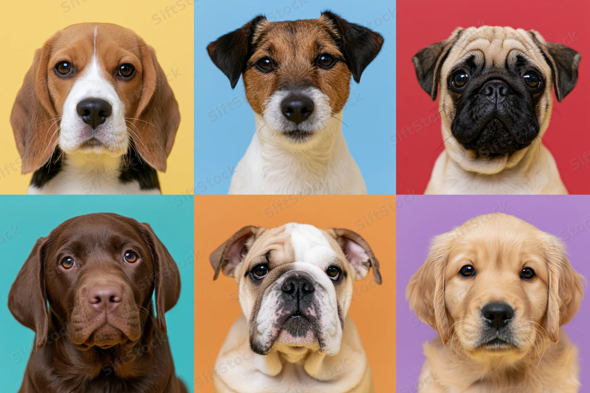 Six puppy portraits arranged in a 3x2 grid against colorful studio backdrops