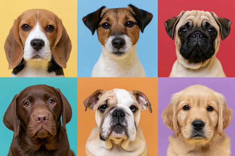 Six puppy portraits arranged in a 3x2 grid against colorful studio backdrops