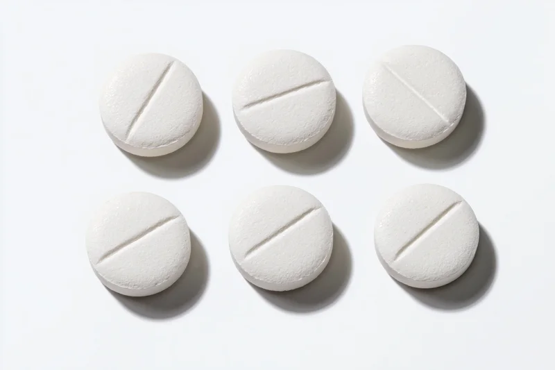 Six white round scored tablets arranged in two rows on a white surface