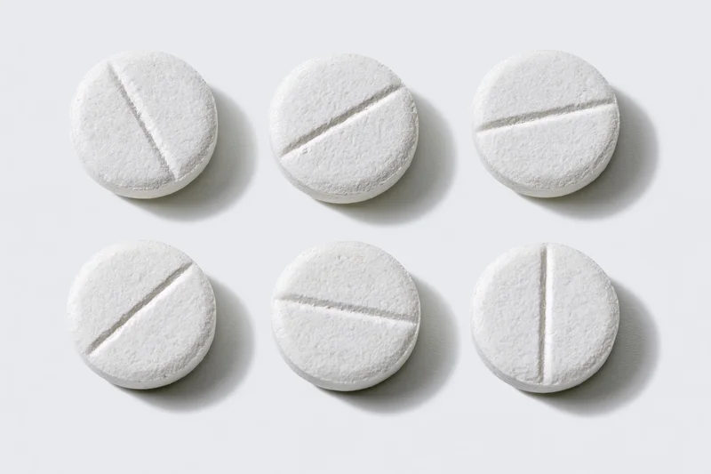 Six white scored tablets arranged in two rows on a plain white surface
