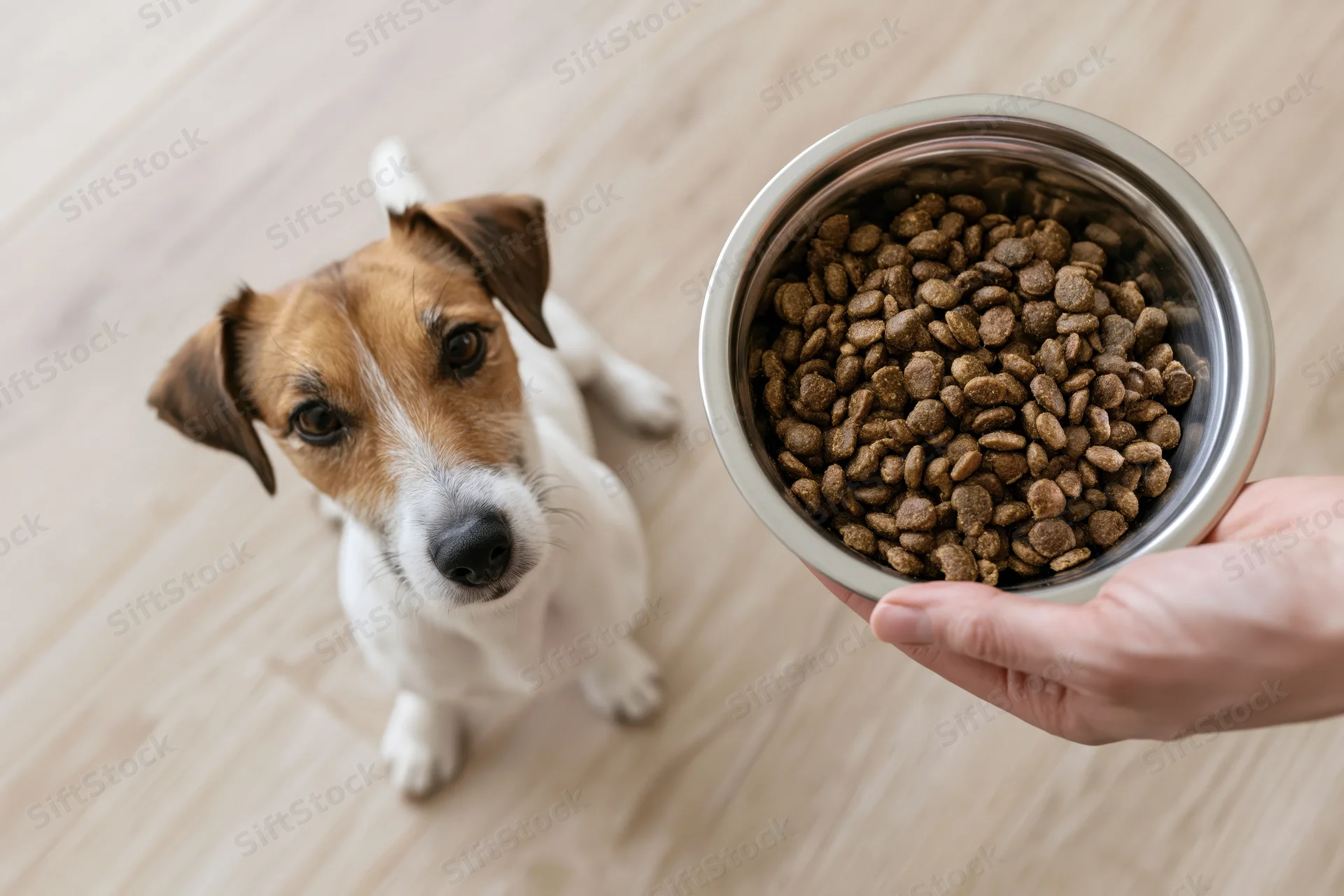 Small jack russell terrier sitting on light wood floor looking up at hand holding metal bowl of dry dog food