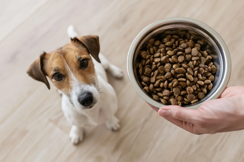 Small jack russell terrier sitting on light wood floor looking up at hand holding metal bowl of dry dog food