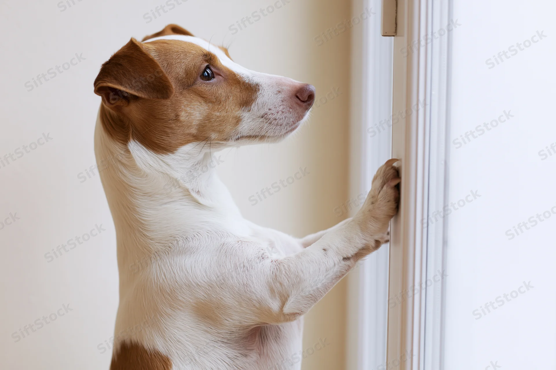 Jack russell terrier standing on hind legs with front paws on door frame indoors