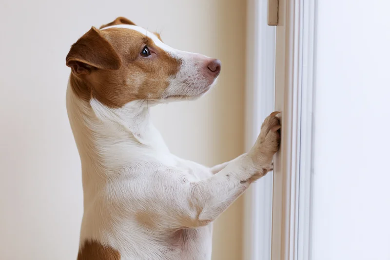 Jack russell terrier standing on hind legs with front paws on door frame indoors