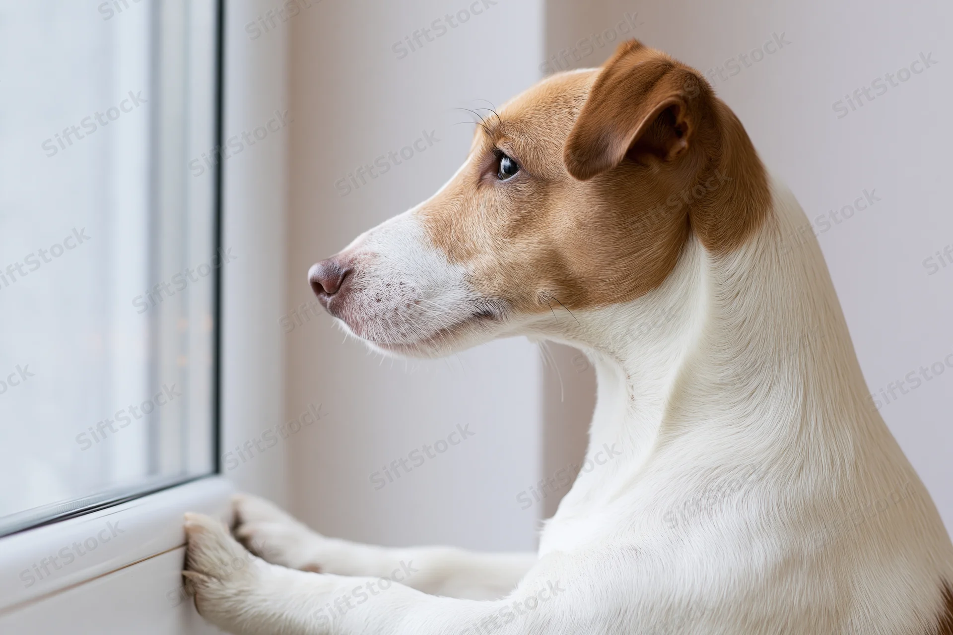 Jack russell terrier sitting by window looking outside in home interior
