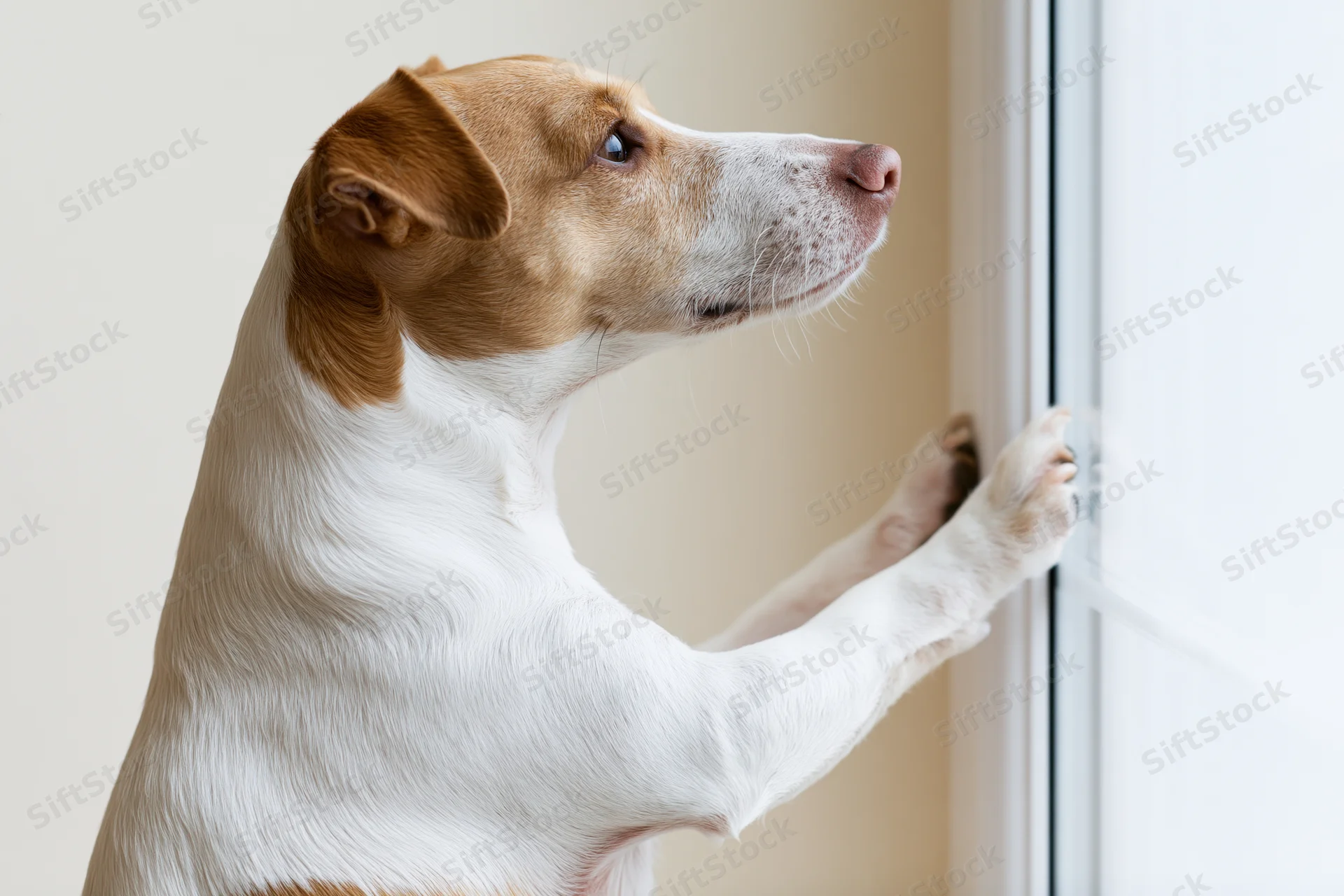 Jack russell terrier standing on hind legs with paws on window looking outside indoors