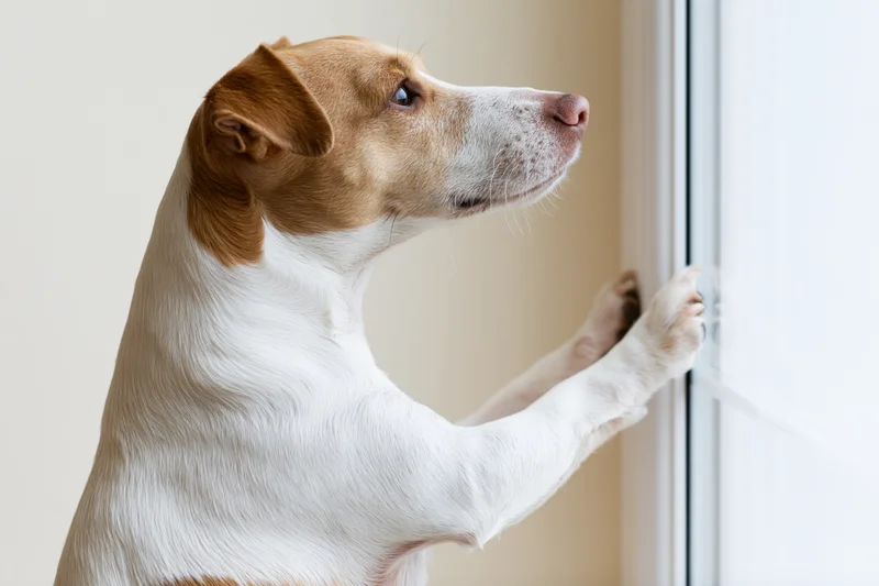 Jack russell terrier standing on hind legs with paws on window looking outside indoors