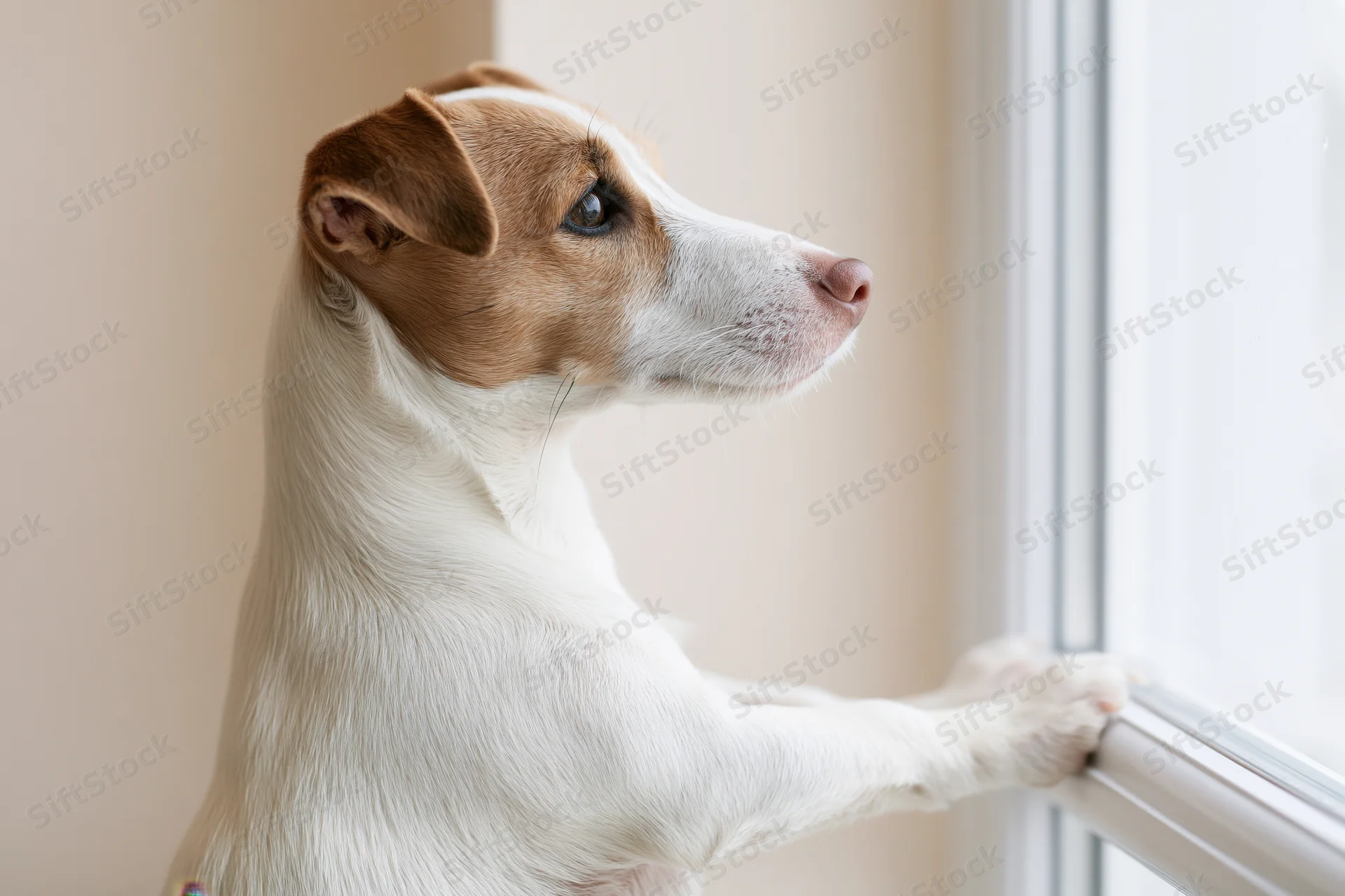 Small jack russell terrier standing on hind legs with paws on window sill looking outside indoors