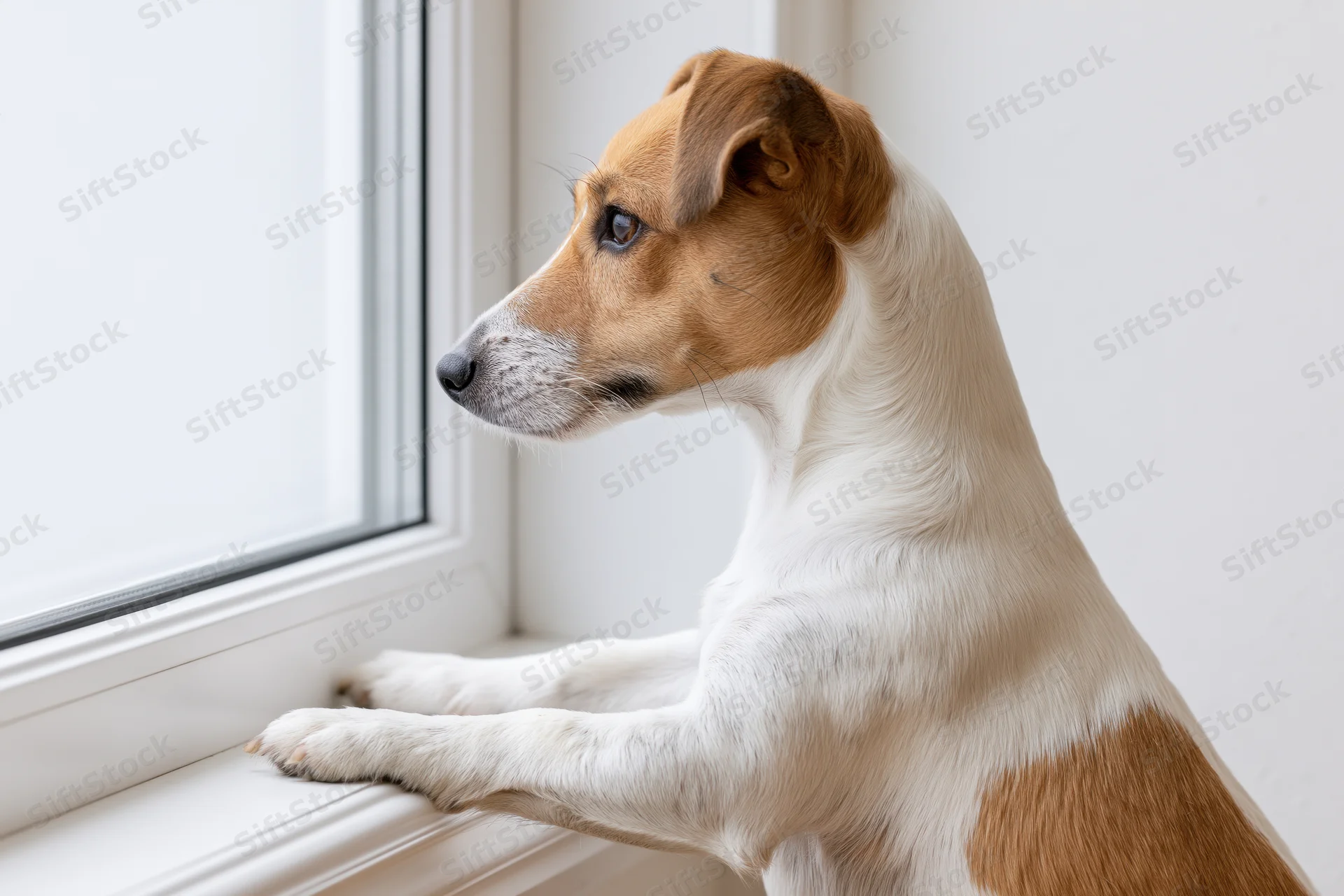Jack russell terrier sitting on hind legs with paws on window sill looking outside
